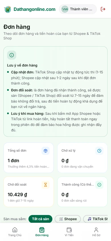 Giao diện quản lý đơn hàng và các trạng thái đối soát trên Dathangonline