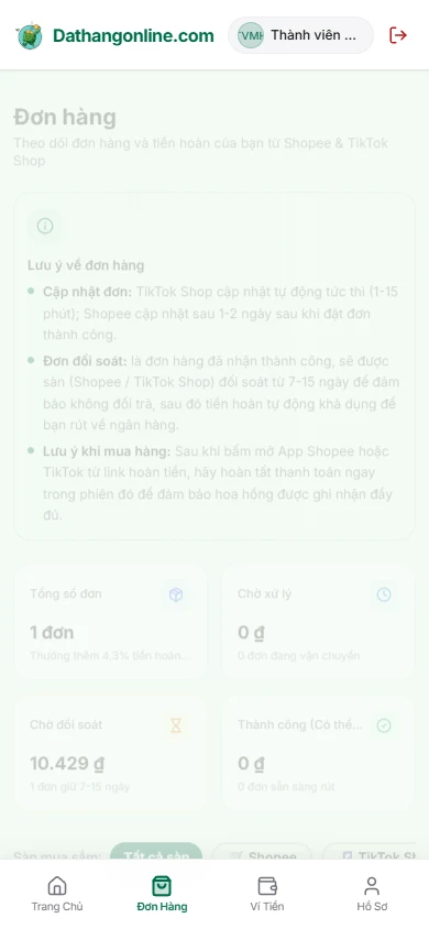 Theo dõi đơn hàng TikTok Shop trên trang Đơn hàng Dathangonline