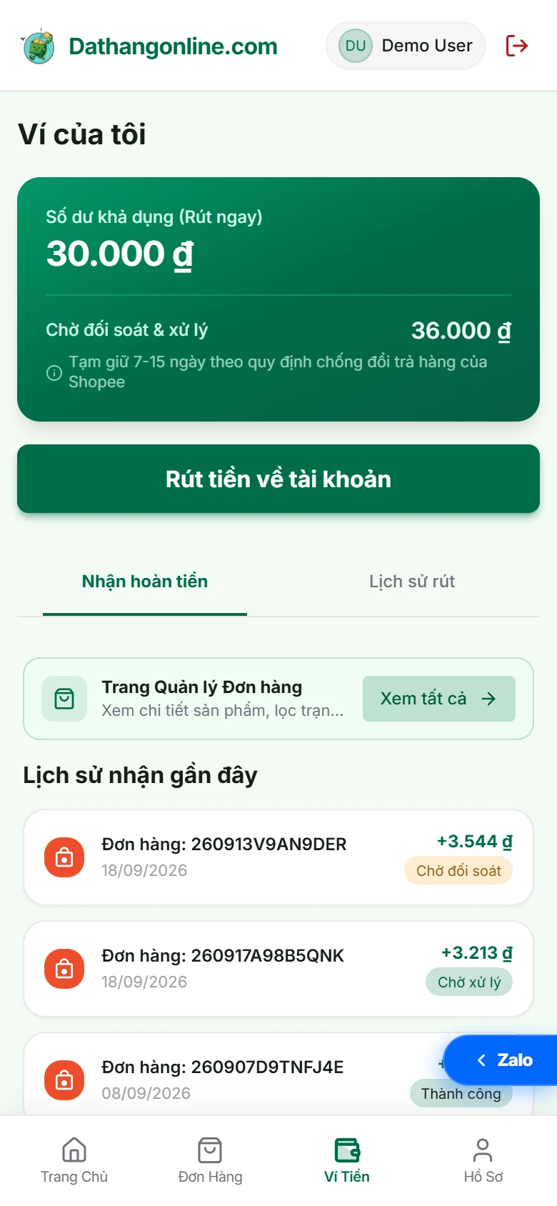 Giao diện Ví Dathangonline phân tách số dư khả dụng và số dư chờ đối soát