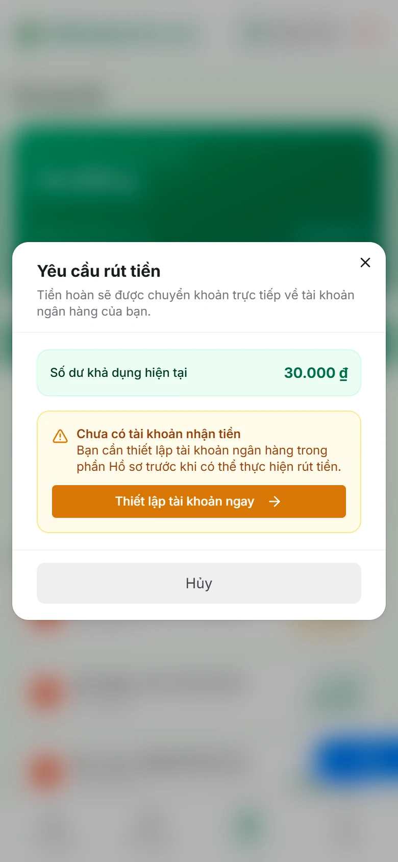 Giao diện yêu cầu rút tiền về tài khoản ngân hàng trên Dathangonline